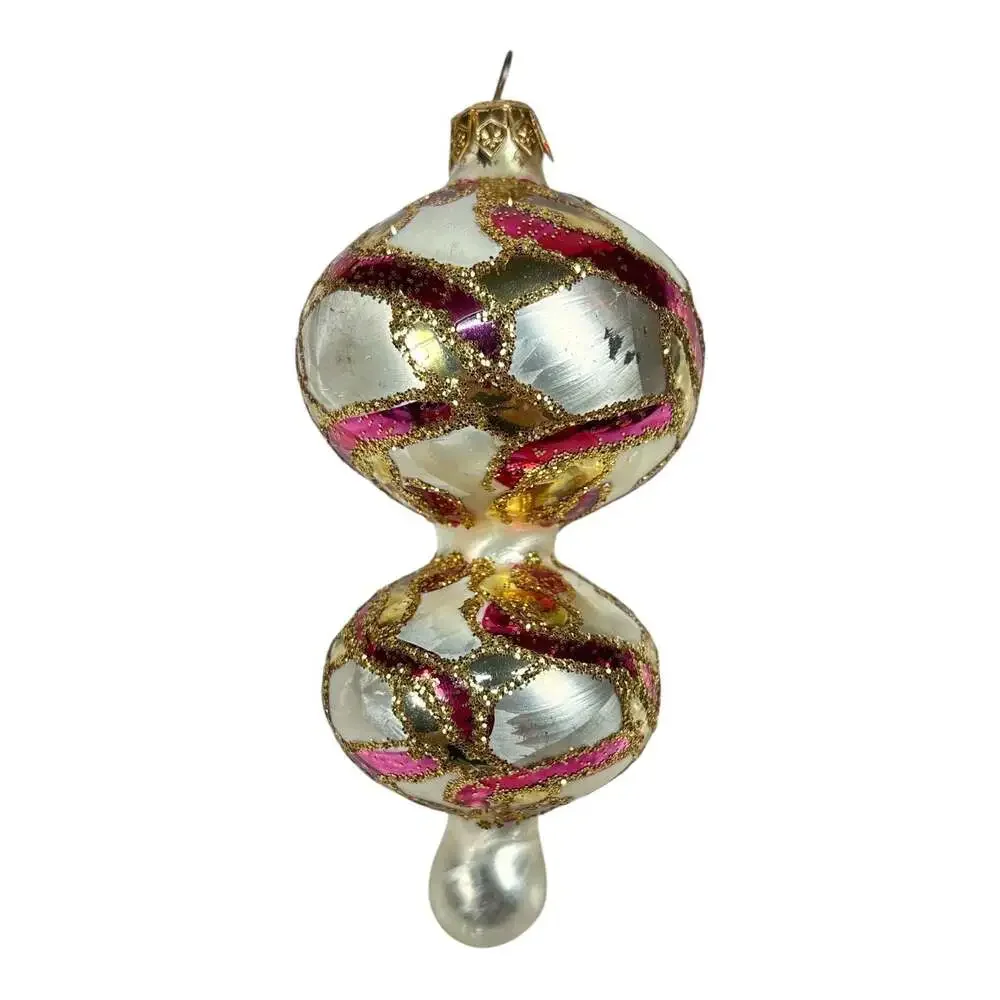 Christopher Radko Mercury Glass Double Ball Finial Christmas Ornament Gold Pink